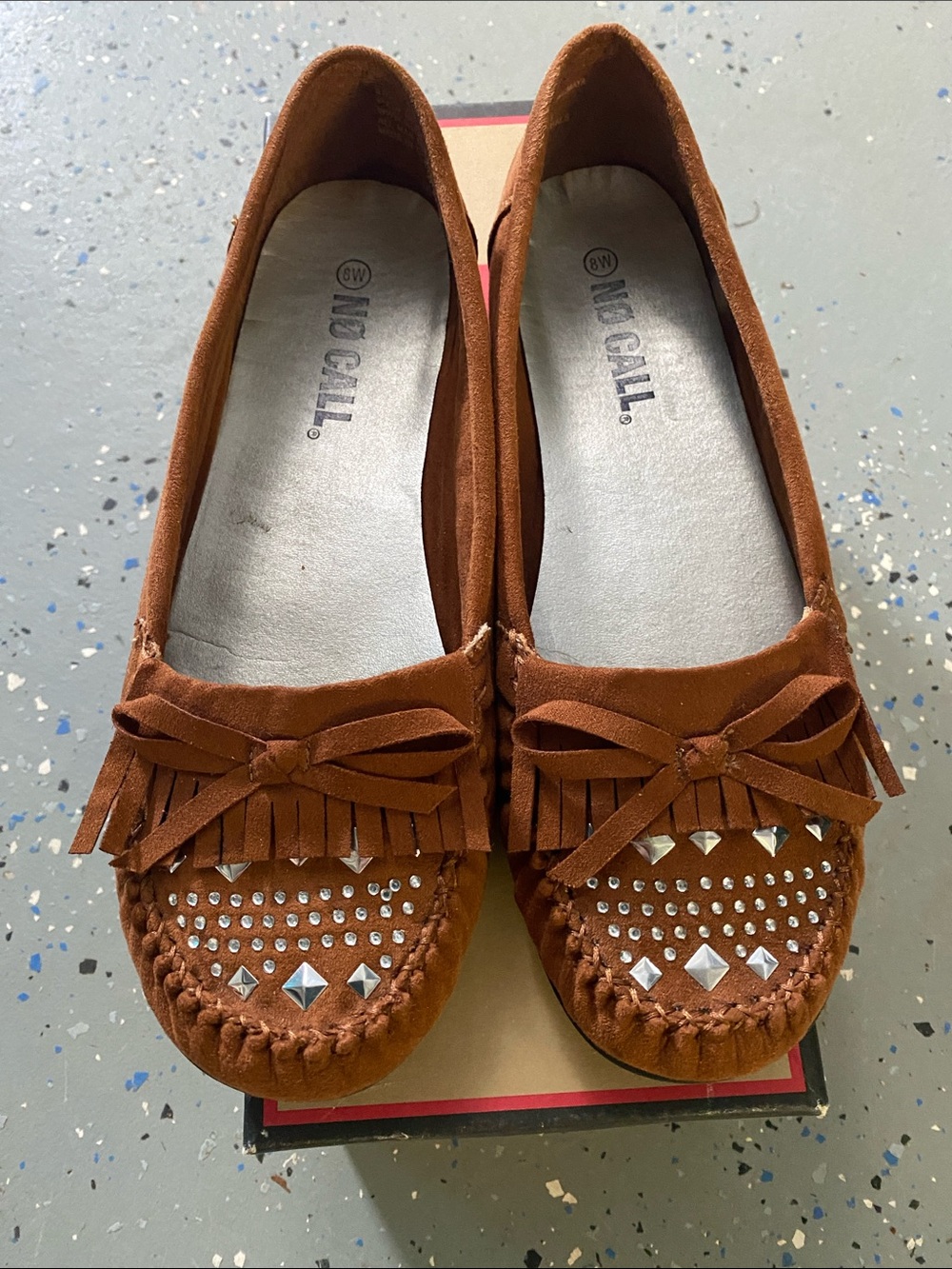 Brown Suede Fringe Moccasin Flats with Stud Accents